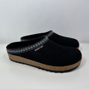 Haflinger Snowbird Wool Clog Slipper Black with Green Patterned Trim Size 39